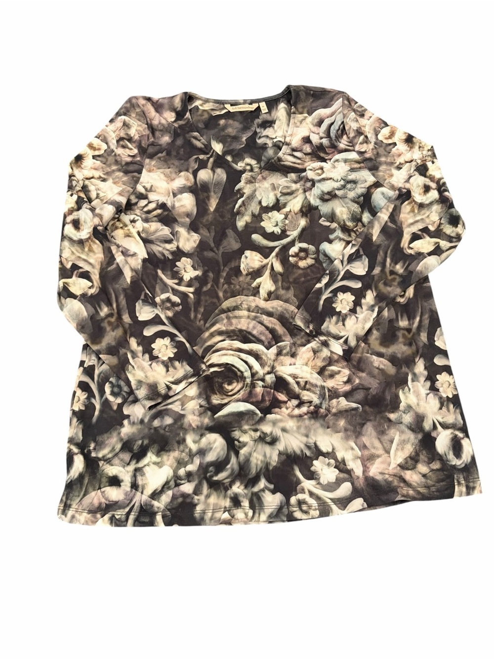 Soft Surroundings Floral Top Women XL Dark Watercolor Print Long Sleeve V Neck